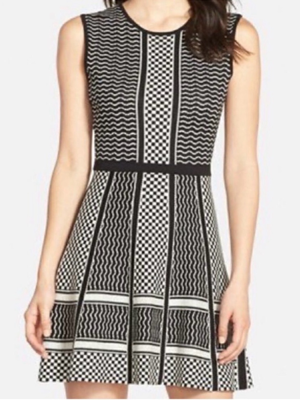 BCBGMaxAzria Black and White Sleeveless Fit-and-Flare Dress